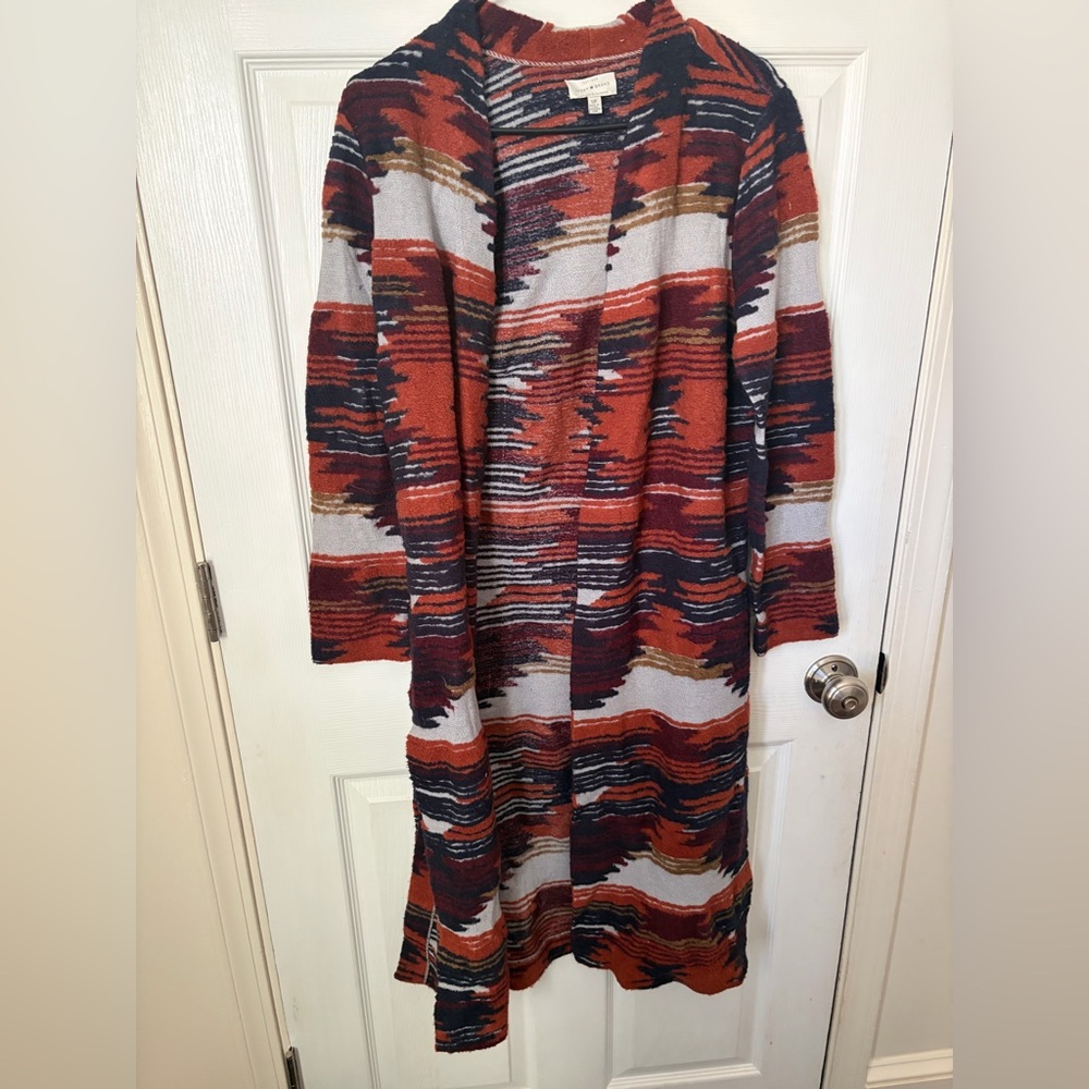 Lucky Brand Long Open-Front Cardigan in Rust, Black, Gray and Tan Aztec